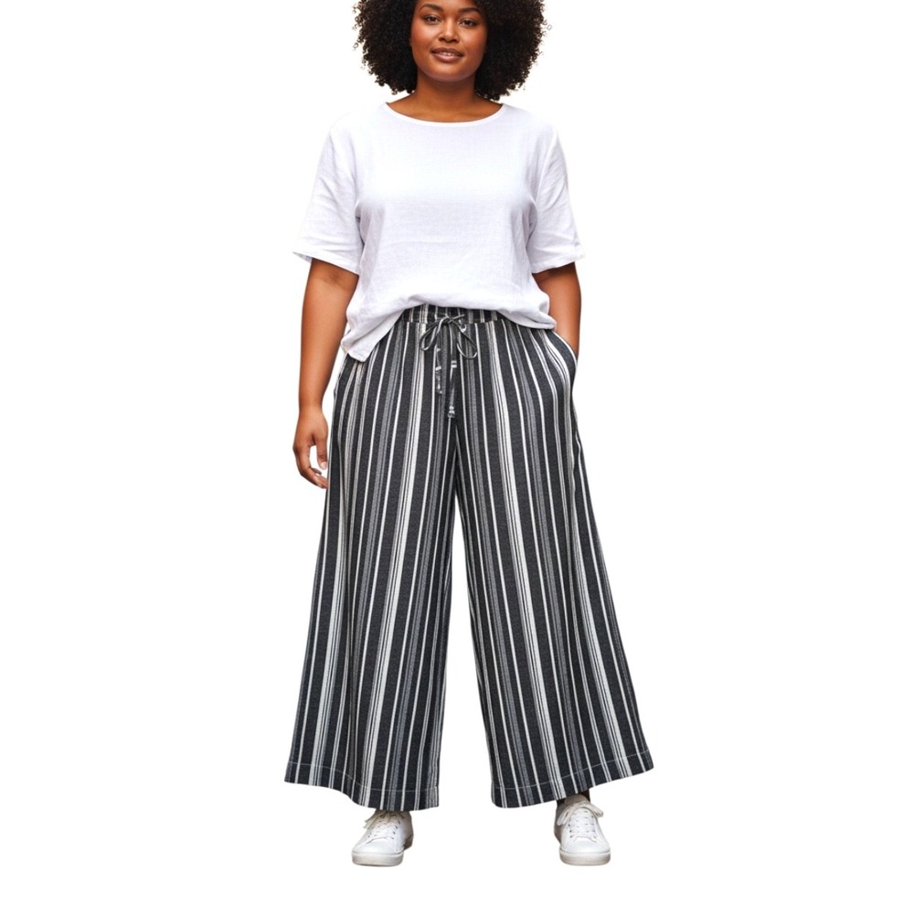 Briggs Womens 3X Grey White Striped Linen Blend Wide Leg Drawstring Pants Spring